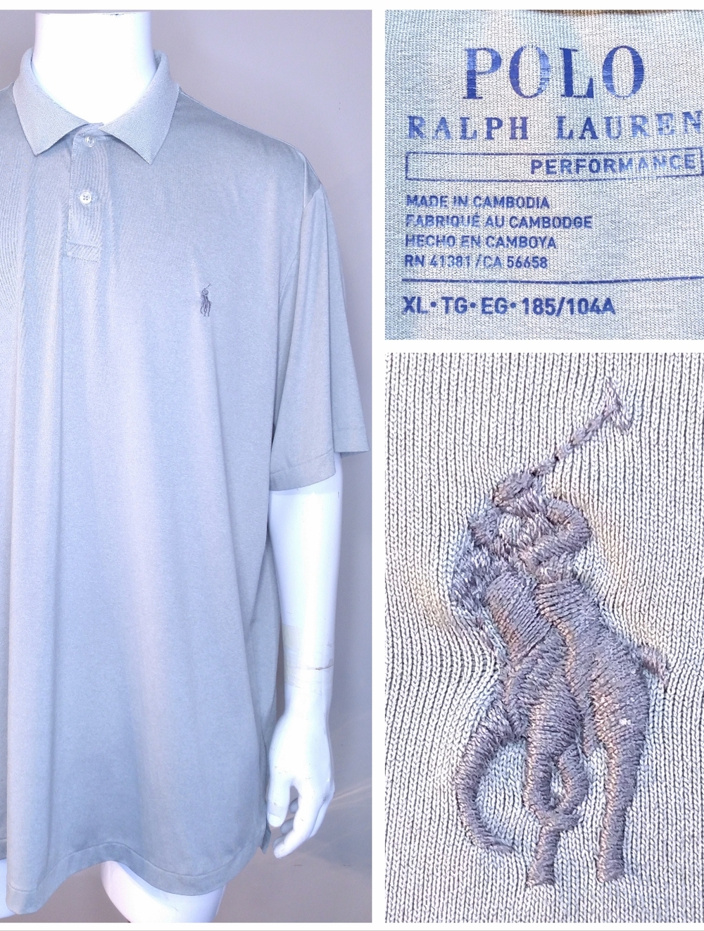 POLO RALPH LAUREN Performance XL Silver Gray Grey PONY Mens RL GOLF Dri Fit SS